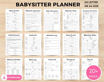 May include: Printable babysitter planner with 20+ pages. The planner includes sections for about the kids, babysitter agreement, daily information, babysitter notes, emergency information, medical consent, family info, medication log, about the pets, babysitter checklist, daily log, evening out, and day out.