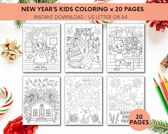 May include: A set of 20 black and white coloring pages featuring New Year's themes. The pages include illustrations of people celebrating New Year's Eve, fireworks, and other festive imagery. The text "Happy New Year!" appears on several of the pages.