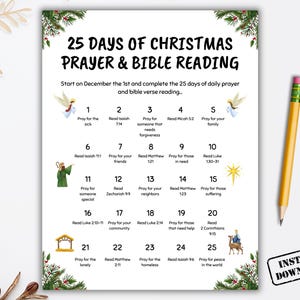 Christmas Countdown Calendar Prayer Activities For Kids, 25 Days of Prayer Bible Verse Reading, Children Advent Idea, Sunday School Nativity