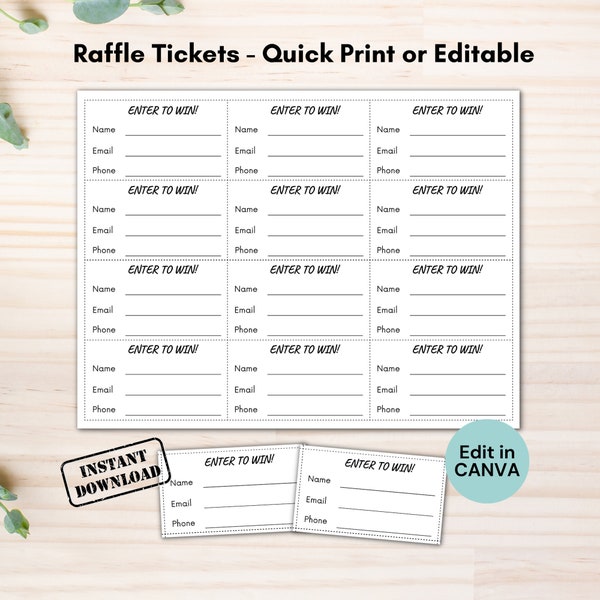 Printable Raffle Tickets, Enter To Win Tickets, Editable Win A Prize Raffle Coupon Template, Minimalist Custom Personalized Raffle Tickets