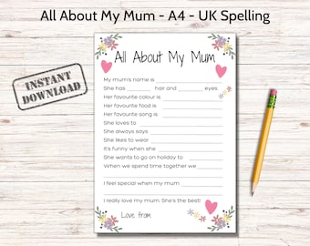 All About My Mum Printable, All About Mum Questionnaire, Appreciation Letter for Mum, Mum's Birthday Last Minute Gift, Mothers Day Quiz Fun