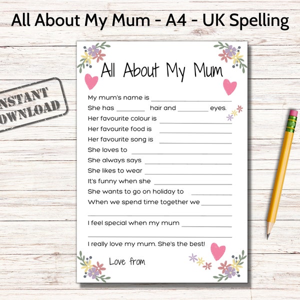 All About My Mum Printable, All About Mum Questionnaire, Appreciation Letter for Mum, Mum's Birthday Last Minute Gift, Mothers Day Quiz Fun