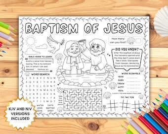 Baptism of Jesus Bible Activity Placemat, Sunday School Coloring Page, Children's Church Printable, Christian Homeschool, Kids Craft Baptist