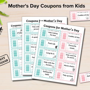 Bons de réduction fête des mères imprimables, bons de réduction fête des mères pour enfants, modèle de livre de coupons pour maman, bons de réduction pour maman, cadeau de dernière minute personnalisé pour maman