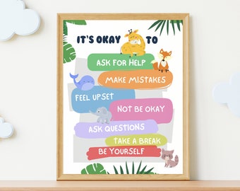 Puede incluir: Un póster colorido con el texto "Está bien" y una lista de afirmaciones positivas, que incluyen "pedir ayuda", "cometer errores", "sentirse molesto", "no estar bien", "hacer preguntas", "tomar un descanso" y "ser tú mismo". Cada afirmación está ilustrada con un animal de dibujos animados.