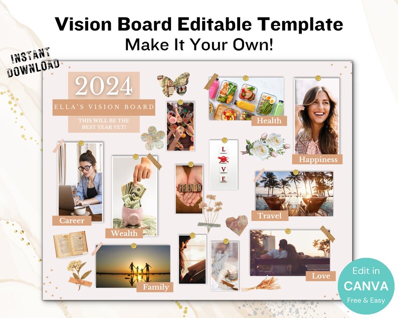 Editable Vision Board Template, Personalized Goal Planner Dream Board