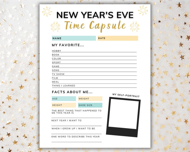 New Years Eve Time Capsule Questionnaire for Kids, NYE Kids Table ...