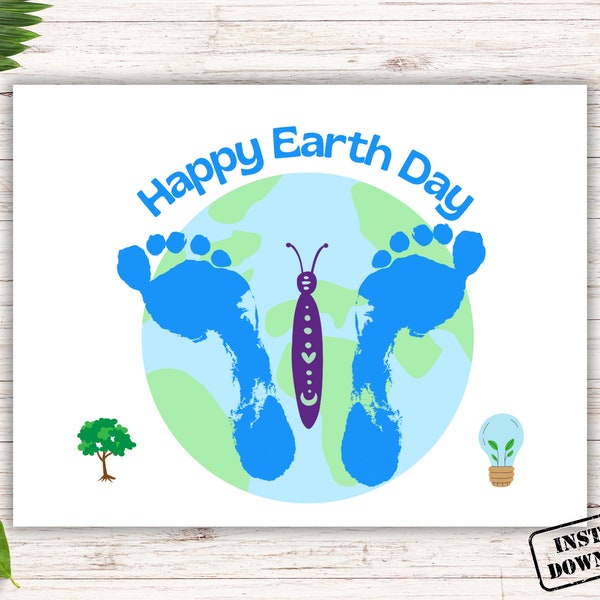 Earth Day Footprint Art Printable, Earth Day Footprint Craft, Baby Footprint Keepsake Gift, Nature Butterfly Toddler Preschool DIY Activity