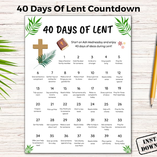 40 Days Lent Countdown Calendar, 40 Days of Prayer Lent, Kids Lenten Calendar Countdown, Christian Bible Lesson, Catholic Lenten Activities