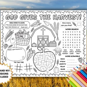 Może przedstawiać: Czarno-biała strona do kolorowania z tekstem "GOD GIVES THE HARVEST!" i różnymi ilustracjami o tematyce żniw. Zawiera wyszukiwanie słów, mieszanie słów i kółko i krzyżyk. Wersje KJV i NIV w zestawie.