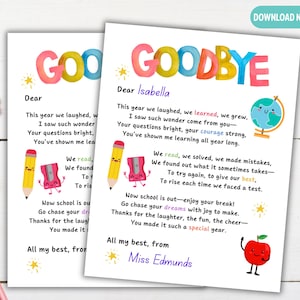 Poema de fin de curso para el maestro, carta de despedida para el estudiante, tarjeta de graduación para el último día de clases, para niños de preescolar y jardín de infantes.