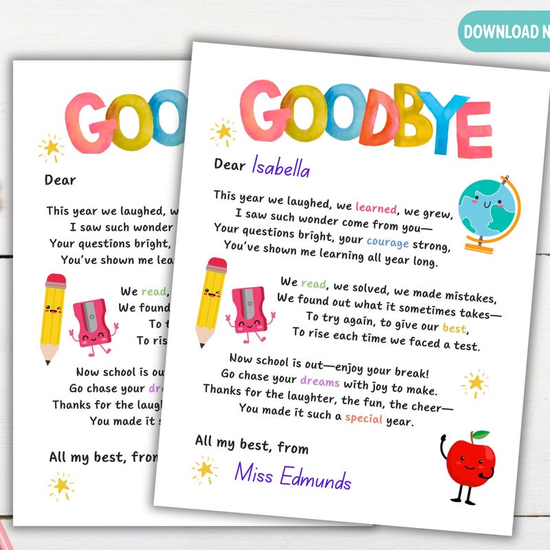 Grade R Goodbye Goodbye Teacher Cards - Etsy