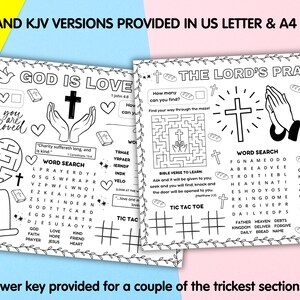 May include: Two black and white activity pages with religious themes. One page features the text "GOD IS LOVE" with a cross, hands, and hearts. The other page has "THE LORD'S PRAYER" with a cross and praying hands. Both pages include word searches and mazes.