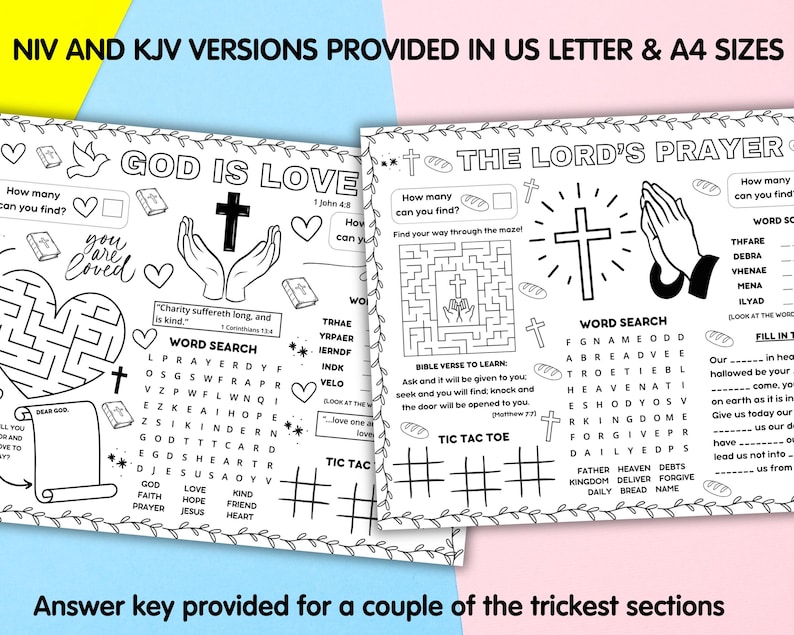 May include: Two black and white activity pages with religious themes. One page features the text "GOD IS LOVE" with a cross, hands, and hearts. The other page has "THE LORD'S PRAYER" with a cross and praying hands. Both pages include word searches and mazes.
