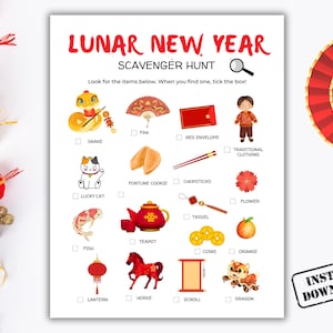 Caccia al tesoro del capodanno lunare stampabile, caccia al tesoro del capodanno cinese, gioco in classe dell'anno del serpente 2025, divertimento per feste di tradizione cinese