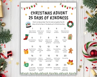 Christmas Countdown Advent Calendar, 25 Days Of Christmas Activities, Acts of Kindness Christmas Calendar, Sunday School Advent For Kids