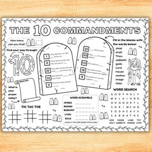 May include: Black and white printable worksheet with the title "The 10 Commandments". The worksheet includes a maze, word search, word scramble, and tic-tac-toe game. The worksheet is designed for children to learn about the 10 Commandments.