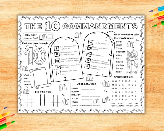 Ten Commandments Activity Placemat, Bible Craft Coloring Page, The 10 Commandments Game Sheet For Kids, Sunday School Bible Lesson Printable
