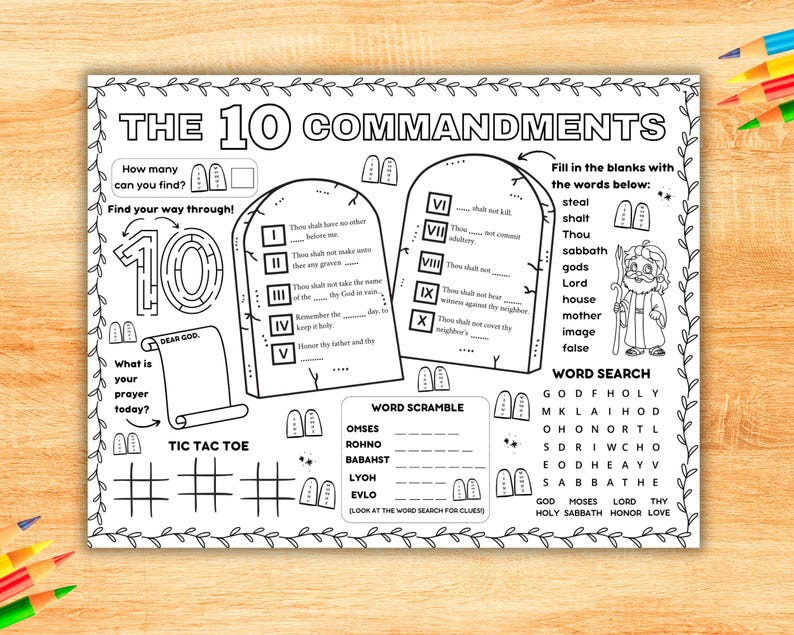 Ten Commandments Activity Placemat, Bible Craft Coloring Page, The 10 Commandments Game Sheet For Kids, Sunday School Bible Lesson Printable