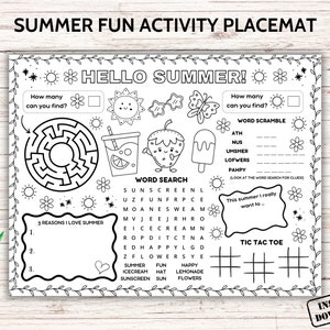 Sommerspiele-Aktivitäts-Tischset zum Ausdrucken, Sommerparty-Bastel-Malseite, Kinderspaß-Sommerferienblatt, Schulferien-Tischspielmatte