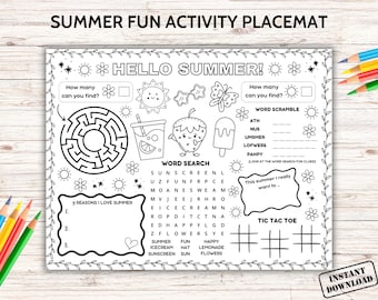 Summer Games Activity Placemat Printable, Summer Party Craft Coloring Page, Kids Fun Summer Vacation Sheet, School Holidays Table Game Mat