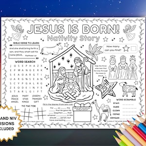 May include: Black and white coloring page with the text "JESUS IS BORN! Nativity Story." Includes a word search, fill-in-the-blanks, and word scramble activities. Features illustrations of the Nativity scene, angels, and the three wise men.