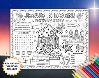Nativity Bible Activity Placemat Printable, Christmas Coloring Page, Birth of Jesus Sunday School Craft, Kids Christian Games, Child Church