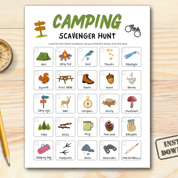 Camping Scavenger Hunt, Outdoor Treasure Hunt Printable, Scavenger Hunt For Kids, Kids Camping Games, Family Camping Game, Summer Camp Game