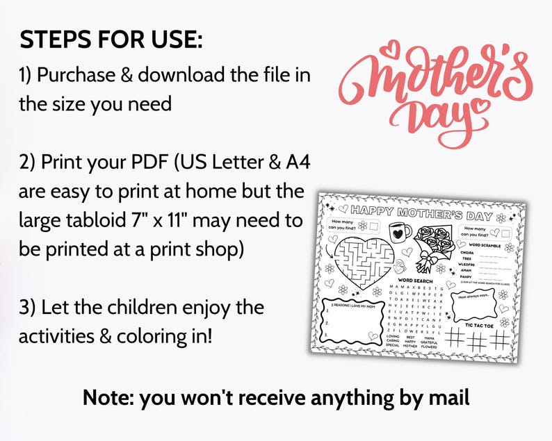 Happy Mothers Day Activity Placemat Printable, Mothers Day Craft Coloring Page, All About Mom Tablemat, Kids Preschool Classroom Games Sheet