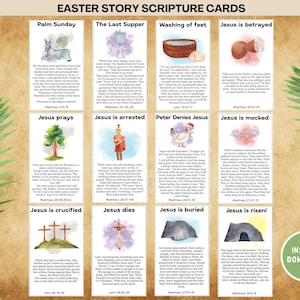 Cartões de escrituras de histórias de Páscoa, cartões de versículos bíblicos cristãos, artesanato da escola dominical, atividade da igreja para crianças na semana santa, lição de educação domiciliar para crianças