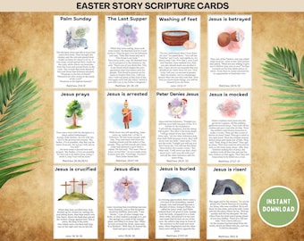 Easter Story Scripture Cards, Christian Bible Verse Cards, Sunday School Craft, Holy Week Childrens Church Activity, Kids Homeschool Lesson