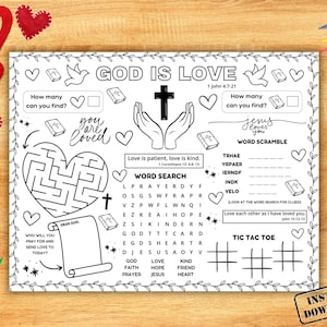 Bible Love Activity Placemat, Christian Valentines Bible Craft Games, Sunday School Activity, God Is Love Childrens Church Bible Verse Page