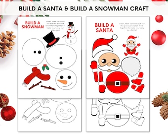 Christmas Build A Santa and Build A Snowman Craft Printable, Kids Crafting Activity Worksheet, Children&#39;s Xmas Coloring In Cut & Paste Art