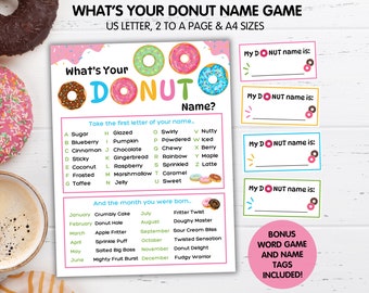 What's Your Donut Name Game Printable, Donut Party Game, Office Party Icebreakers, Donut Name Tag, Donut Party Decor, Donut Name Generator