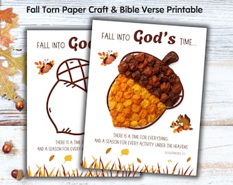 Fall Tissue Paper Craft, Acorn Torn Paper Template, Sunday School Bible Verse Printable, Kid's Preschool Activity, Christian Homeschool Art