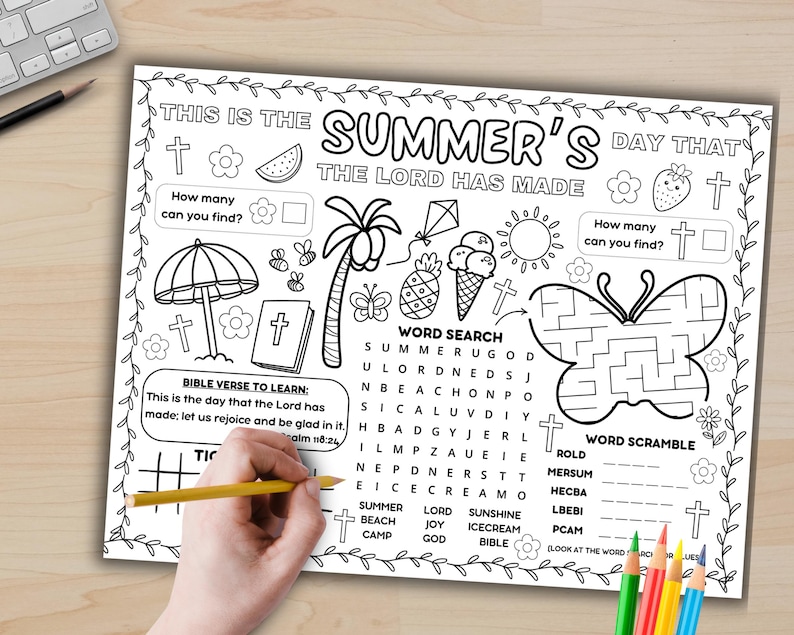 Summer Bible Activity Placemat, VBS Coloring Craft Printable, Sunday School Games Sheet, Kids Homeschool Lesson, Christian Children's Church