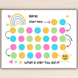 May include: A printable chart with a rainbow, stars, and hearts. The chart has a grid of circles in yellow, green, pink, and blue. The text "Start here" and "What a star! You did it!" is printed on the chart.