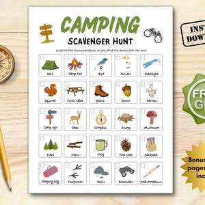 Camping Schnitzeljagd, Outdoor Schatzsuche druckbar, Schnitzeljagd für Kinder, Kinder Camping Spiele, Familien Camping Spiel, Sommercamp Spiel