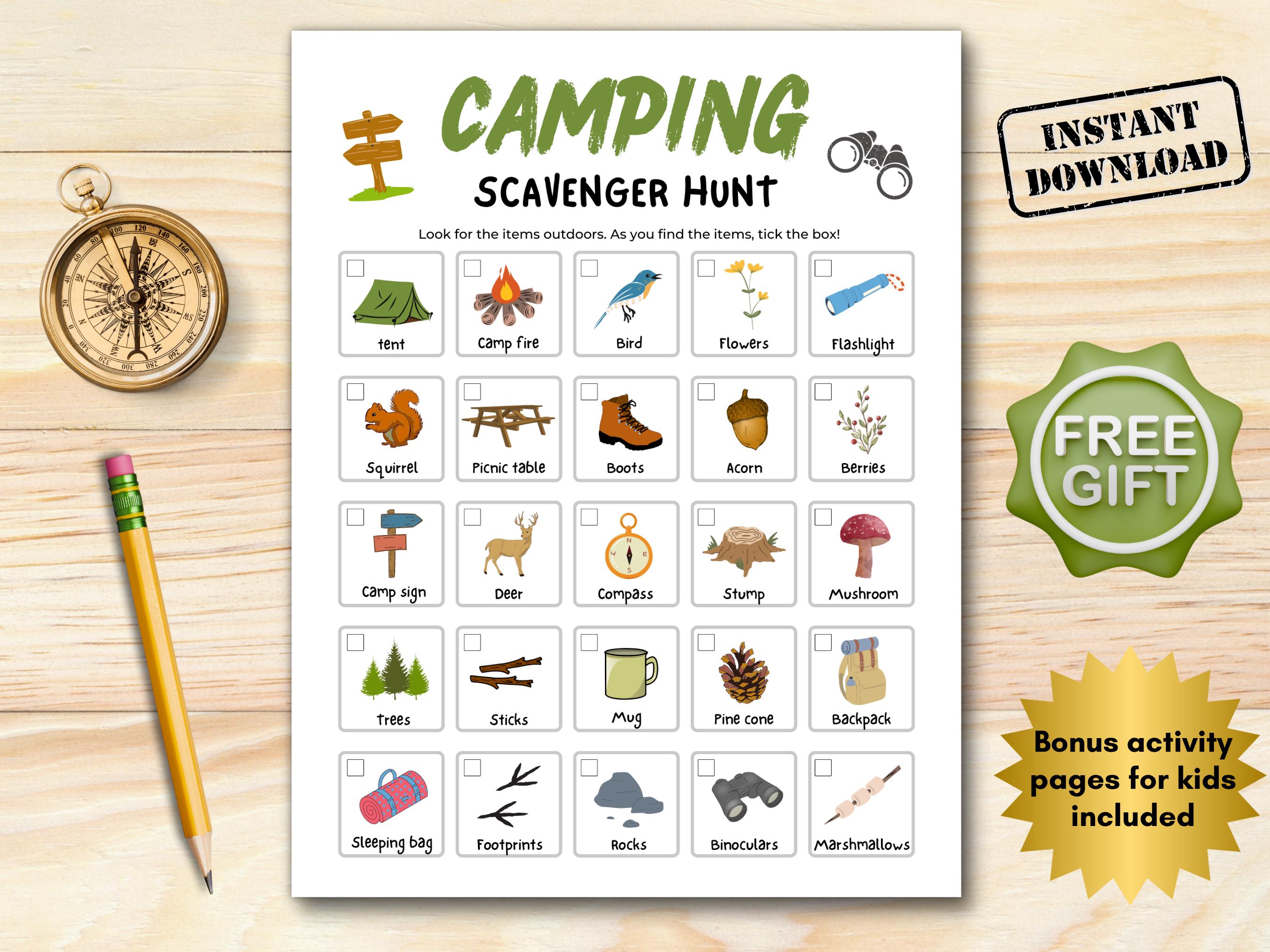 Camping Schnitzeljagd, Outdoor Schatzsuche druckbar, Schnitzeljagd für Kinder, Kinder Camping Spiele, Familien Camping Spiel, Sommercamp Spiel