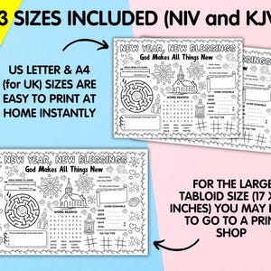 Pu&ograve; includere: Fogli di attivit&agrave; stampabili con il testo "New Year, New Blessings" e attivit&agrave; come labirinti e cruciverba. Disponibili nei formati US Letter, A4 e tabloid (43 x 28 cm).
