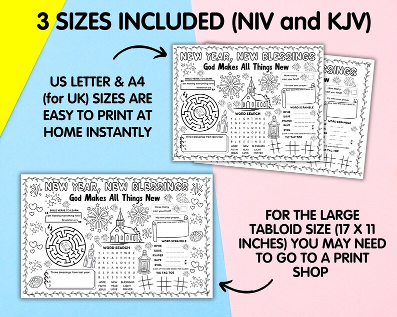 Pu&ograve; includere: Fogli di attivit&agrave; stampabili con il testo "New Year, New Blessings" e attivit&agrave; come labirinti e cruciverba. Disponibili nei formati US Letter, A4 e tabloid (43 x 28 cm).