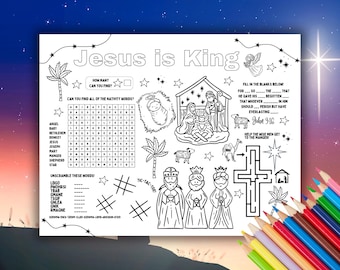 Krippenaktivität Tischset zum ausdrucken, christliche Geburt von Jesus Bastelblatt für Kinder, Sonntagsschulaktivitätsspiele, Weihnachtsmalseite