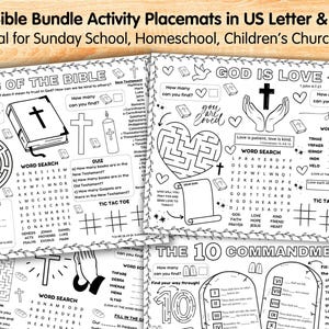 Bible Activity Placemat Bundle, Sunday School Craft Games, Bible Stories Kids Activity Mat, Childrens Church Coloring Page, Bible Verse Pack