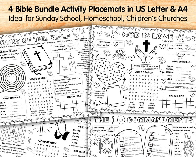 Bible Activity Placemat Bundle, Sunday School Craft Games, Bible Stories Kids Activity Mat, Childrens Church Coloring Page, Bible Verse Pack