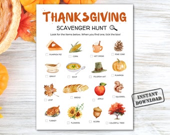 Thanksgiving Scavenger Hunt Printable, Kids Thanksgiving Classroom Activity, Fall Activity For Children, Treasure Hunt Holiday Family Fun