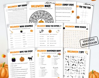 Paquete de juegos de Halloween imprimible, juegos de actividades para niños familiares, actividades en el aula escolar, juegos de fiesta en la oficina, divertido paquete de juegos instantáneos para adolescentes