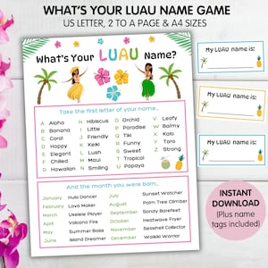 What&#39;s Your Luau Name Game, Hawaiian Party Game, Tropical Birthday Party Game, Luau Themed Office Party, Aloha Birthday Party Name Activity