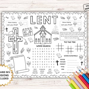 Lent Bible Activity Placemat, Lent Bible Activity Coloring Sheet, Easter Sunday School Kids Activity, Christian Childrens Church Lent Games