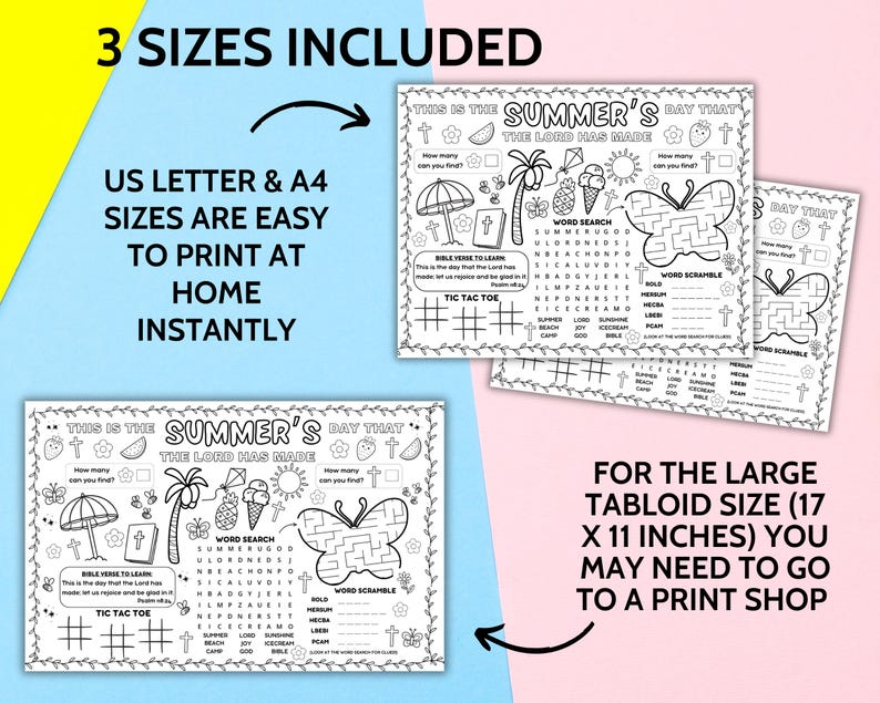 Summer Bible Activity Placemat, VBS Coloring Craft Printable, Sunday School Games Sheet, Kids Homeschool Lesson, Christian Children's Church