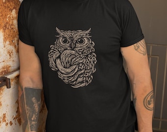 Camiseta con estampado de búho elegante, cómoda prenda superior de algodón
